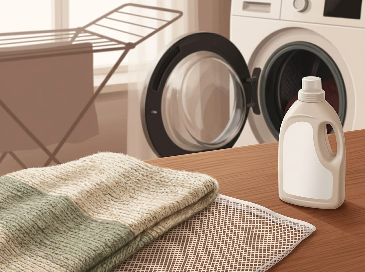 Przygotowanie do prania koca: fragment pralki, koc na siateczce do prania i neutralny produkt z pustą etykietą